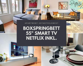 StadtfeldNest - Boxspringbett - Waschmaschine - 55 Zoll Smart-TV - Netflix inklusive - Arbeitsplatz